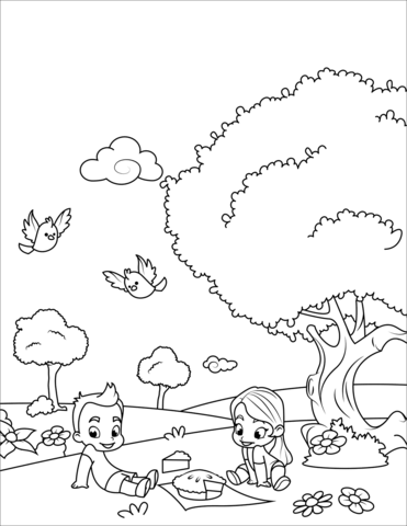 Boy And Girl On A Picnic Coloring Page